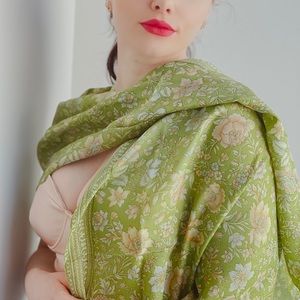 Handmade green floral vintage silk scarf.